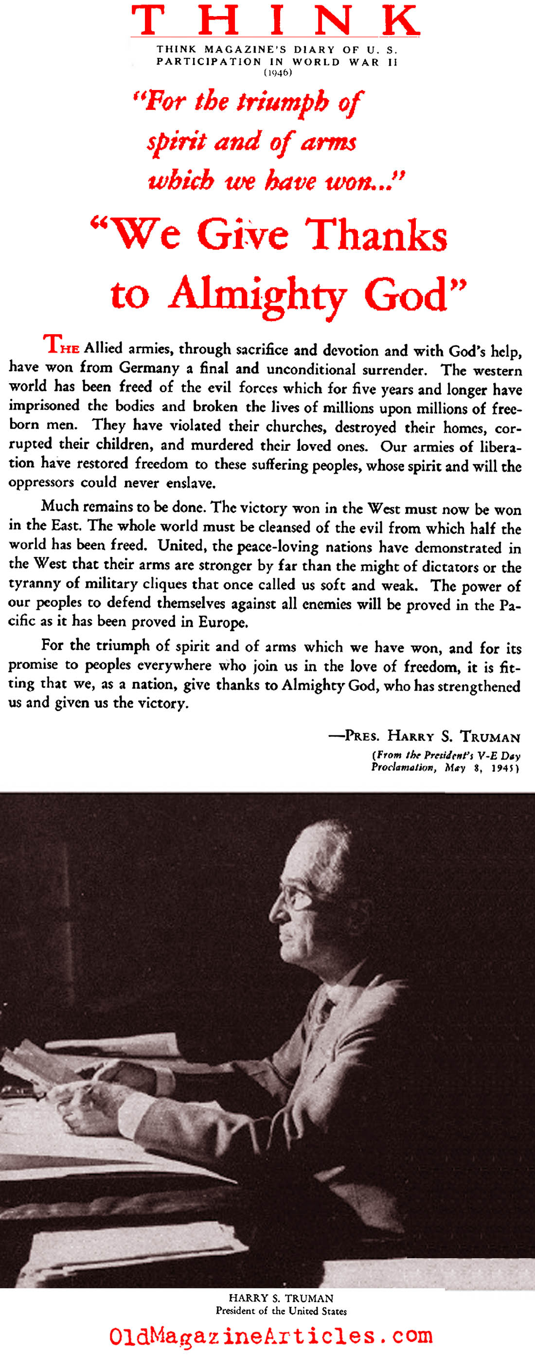 President Truman's VE-Day Proclamation (Think Magazine, 1946)